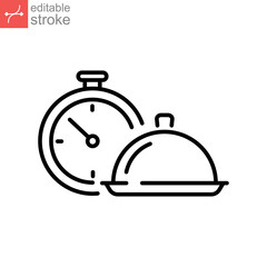 Fast cooking food icon. time or clock and serving dish of gourmet culinary concept. Snack bar. line or outline pictogram style. Editable stroke. vector illustration. design on white background. EPS 10