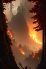 A 3d digital rendering of a forest fire in a hilly rural wooded area.