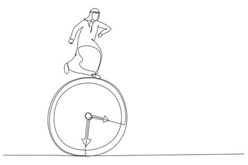 Cartoon of arab businessman running on clock. Deadline concept. Single continuous line art style