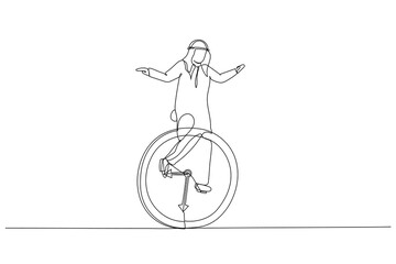 Drawing of arab businessman riding vintage clock bicycle. Time management or work life balance concept. Single line art style