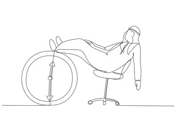 Cartoon of arab businessman sleeping lay down on office chair and alarm clock covered his face with book. Afternoon slump, laziness metaphor. Single continuous line art style