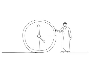 Drawing of arab businessman or manager is standing near a big clock. Time management concept. Single line art style