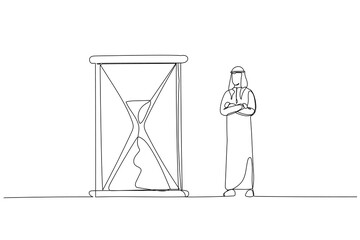 Cartoon of arab businessman standing and looking at hourglass while time goes by. Patience concept. Continuous line art