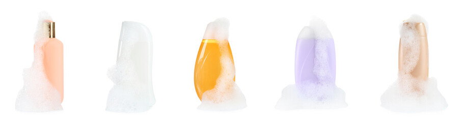 Set with bottles of bubble bath and fluffy foam on white background. Banner design