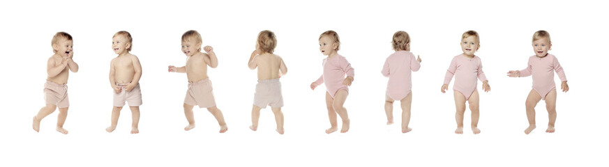 Collage with photos of cute baby learning to walk on white background. Banner design