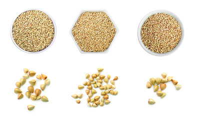 Set with green buckwheat on white background, top view