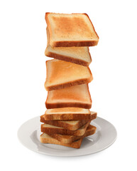 Delicious toasted bread falling into plate on white background