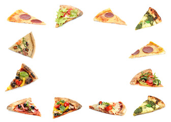 Frame made from slices of different pizzas on white background