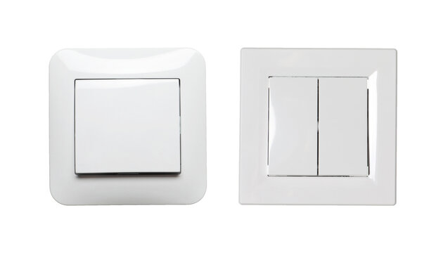Modern plastic light switches on white background, collage