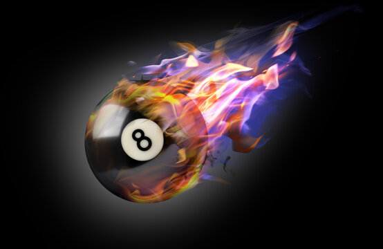Billiard ball with number 8 in fire flying on dark background