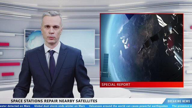 Male TV presenter in special live report commenting breaking news on TV channel about work in space of astronaut on space station and repairing satellites