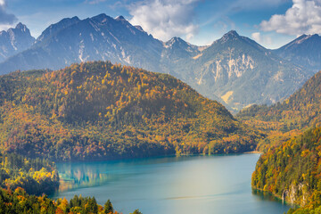 Alpsee lake at golden autumn from above, German Alps, Bavaria, Germany