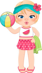 Beach girl in summer holiday. Kid holding colorful ball cartoon character design