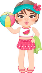 Beach girl in summer holiday. Kid holding colorful ball cartoon character design