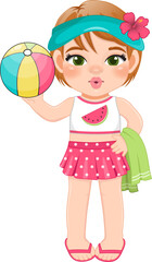 Beach girl in summer holiday. Kid holding colorful ball cartoon character design