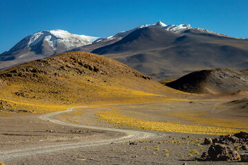 Dirt road in Atacama desert, volcanic arid landscape in Chile, South America