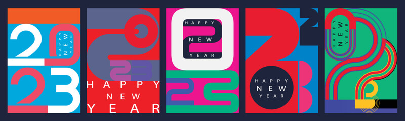 
Creative concept of 2023 Happy New Year posters set. Design templates with typography logo 2023 for celebration and season decoration. Minimalistic trendy backgrounds for branding, banner, cover, car