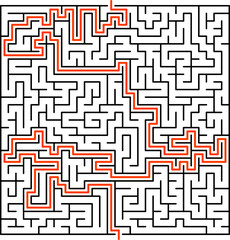 Maze game labyrinth square shape, clue or key exit