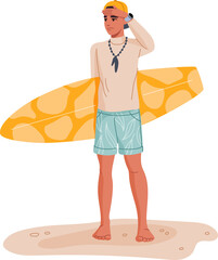 Young guy with surfboard on beach vector character