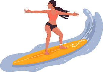 Young woman surfing on waves vector character - obrazy, fototapety, plakaty
