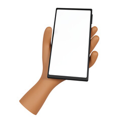 Hand holding phone or mobile device, 3d render of cartoon stylised hand, 3d illustration