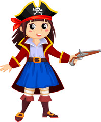 Cartoon happy smiling girl pirate, kid corsair