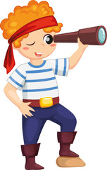 Cartoon boy pirate looking to spyglass kid corsair