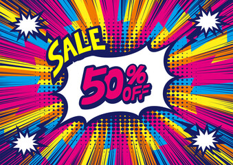 50 Percent OFF Discount on a Comics style bang shape background. Pop art comic discount promotion banners.