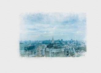 水彩画で描かれた新宿高層ビル,西新宿のイラスト,オフィスビル群の挿絵,建築物の日本画