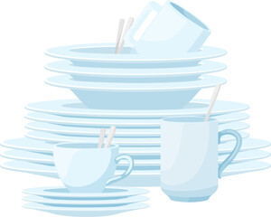 Clean kitchen household cutlery teacups and plates