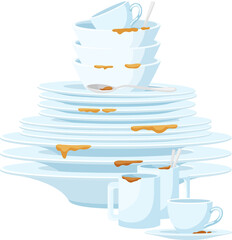 Pile of dirty plates, bowls, cups and spoons set