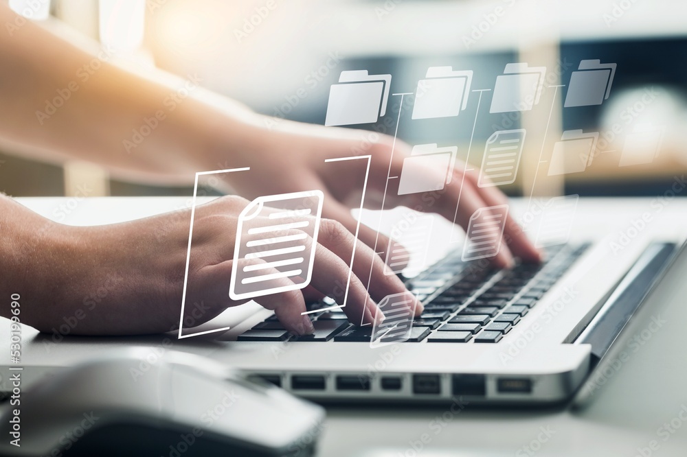 Poster business developer using laptop computer. project management concept