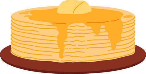 Pancakes topped with butter and honey on plate