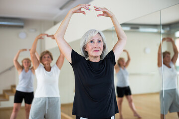 Fototapeta na wymiar Mature active women who are engaged in the dance section at a group class, perform ballet exercises in the studio