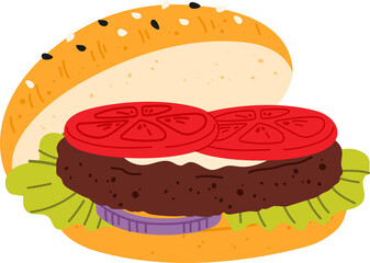 Hamburger with beef chop and vegetables, fastfood