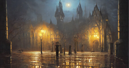 beautiful medieval city scene,  old church at night, digital painting