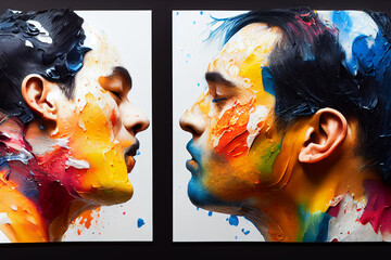 illustration 3c two men in a romance bathed in paint with lgtb colors, digital illustration, 3d rendering, oil painting simulation