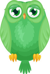 Green owl with big eyes isolated cartoon fowl bird