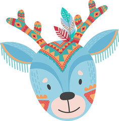 Deer animal face mask with feathers, aztec head