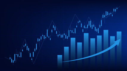 Naklejka premium economy situation concept. Financial business statistics with bar graph and candlestick chart show stock market price and currency exchange on blue background