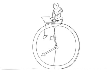 Drawing of muslim businesswoman using computer laptop sitting on clock working. After hours worker, working late overtime concept. Single continuous line art