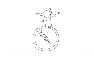 Drawing of muslim businesswoman riding vintage clock bicycle. Time management or work life balance concept. Single line art style