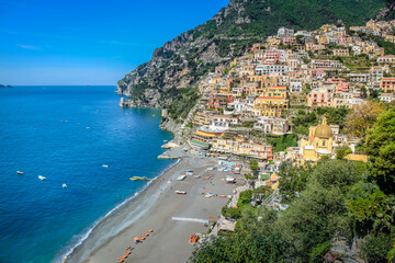 Naklejka premium Positano cityscape bay at sunset, Amalfi coast of Italy, Southern Europe