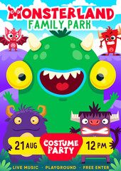 Cartoon monster party flyer. Event or holiday promo vector placard or invitation card with funny bat, furious devil and angry bull, cute lizard, fairy dragon and fluffy beast monsters personages