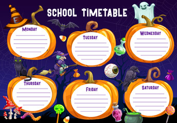 Halloween timetable schedule. Cartoon pumpkin lanterns in cobweb and Halloween characters. School lessons timetable, vector week schedule with witch on broom, ghost monster and magic potion cauldron