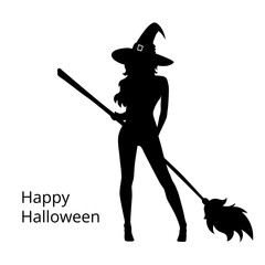 Silhouette of halloween beautiful sexy witch with broom and hat, vector illustration isolated