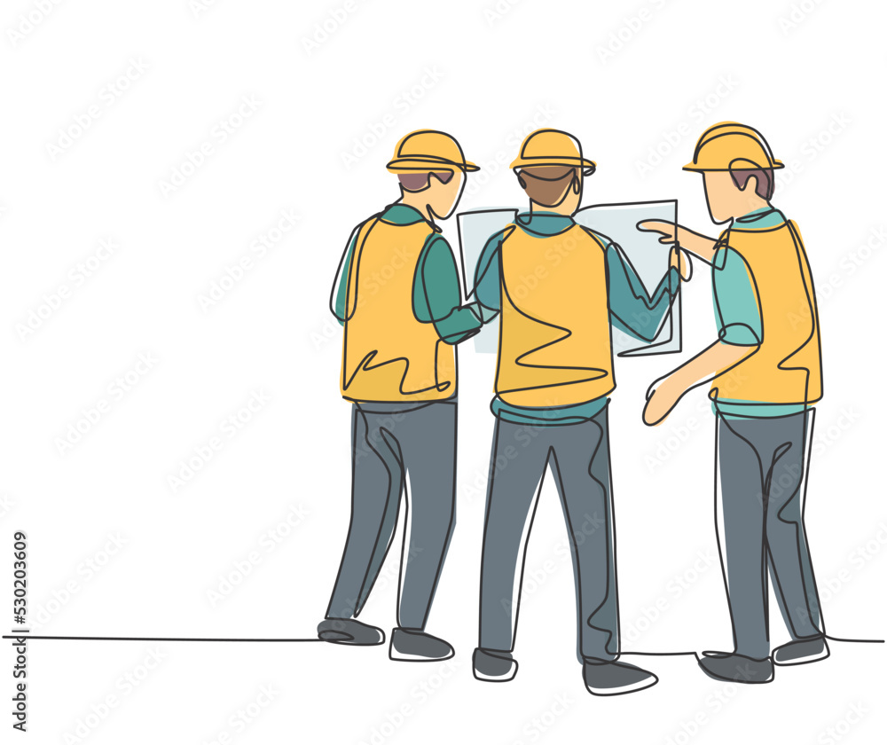 Poster single continuous line drawing of young architect and foreman brainstorming about blueprint building