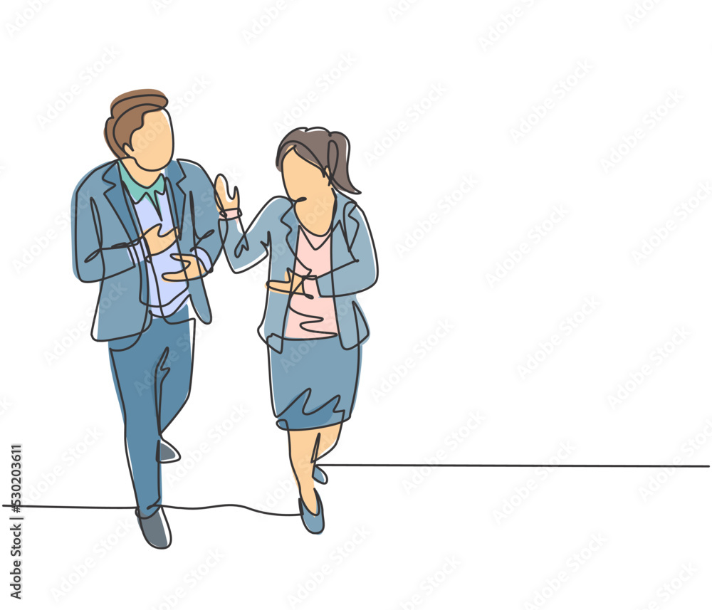 Poster single continuous line drawing of two business colleagues discussing about plan doing project togeth
