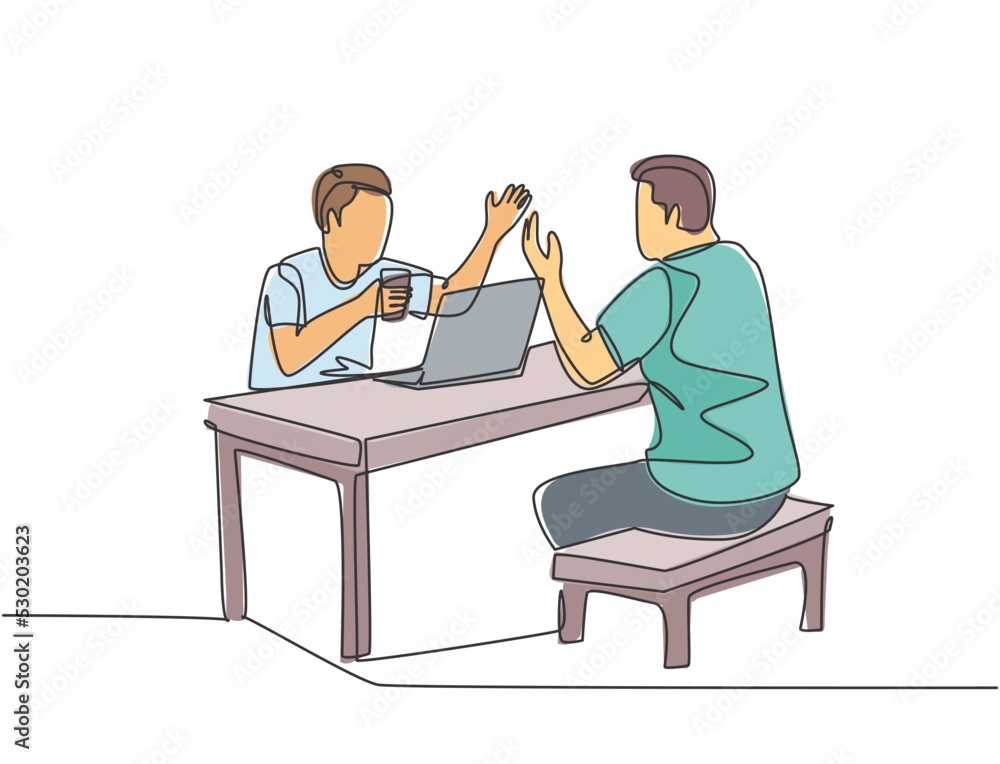 Aufkleber one continuous line drawing of young happy manager drink a cup of coffee and discussing business pro