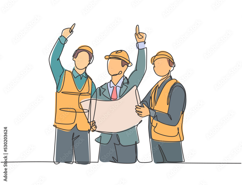 Aufkleber single continuous line drawing of young architect holding blueprint and discussing building construc